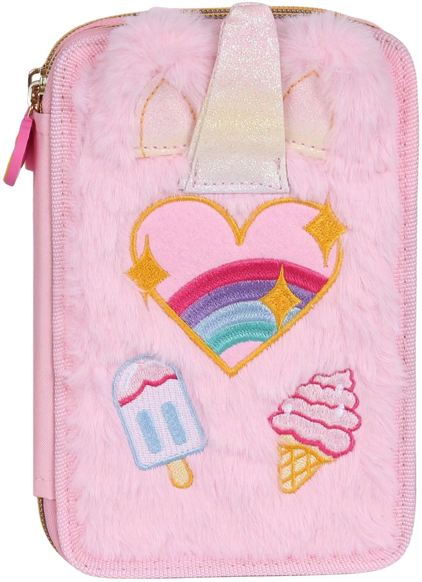 Pluche etui met twee vakken - uitklapbaar - roze - inclusief 33 accessoires - ShopVlot