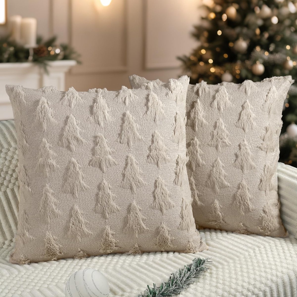Kussenhoezen 40 x 40 cm - Beige Pluche Kerstboom - Zacht en Elegant - Perfect voor Winterdecoratie - ShopVlot