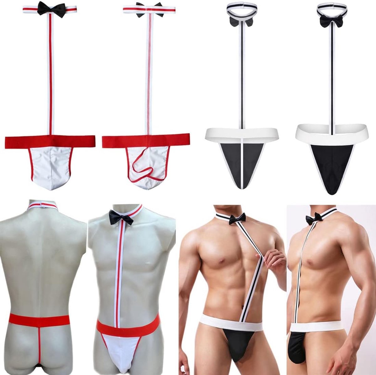 Heren sexy ondergoed Borat thong met bretels - One size - Zwart + Rood - Perfect voor strandgebruik - ShopVlot
