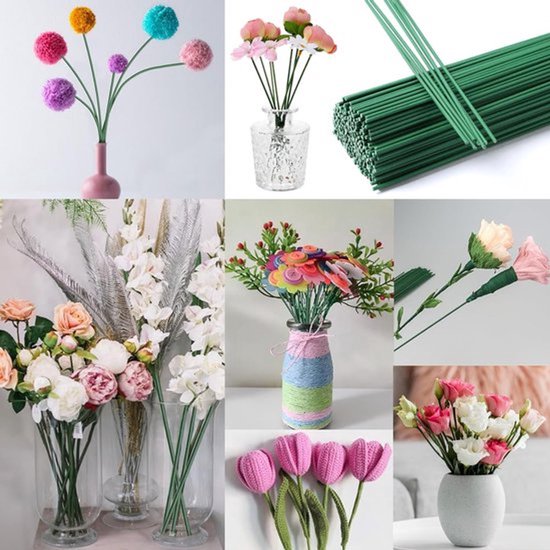 Een collage met diverse kunstbloemen en knutselbloemen: pompons, rozen, tulpen en bloemendraad.