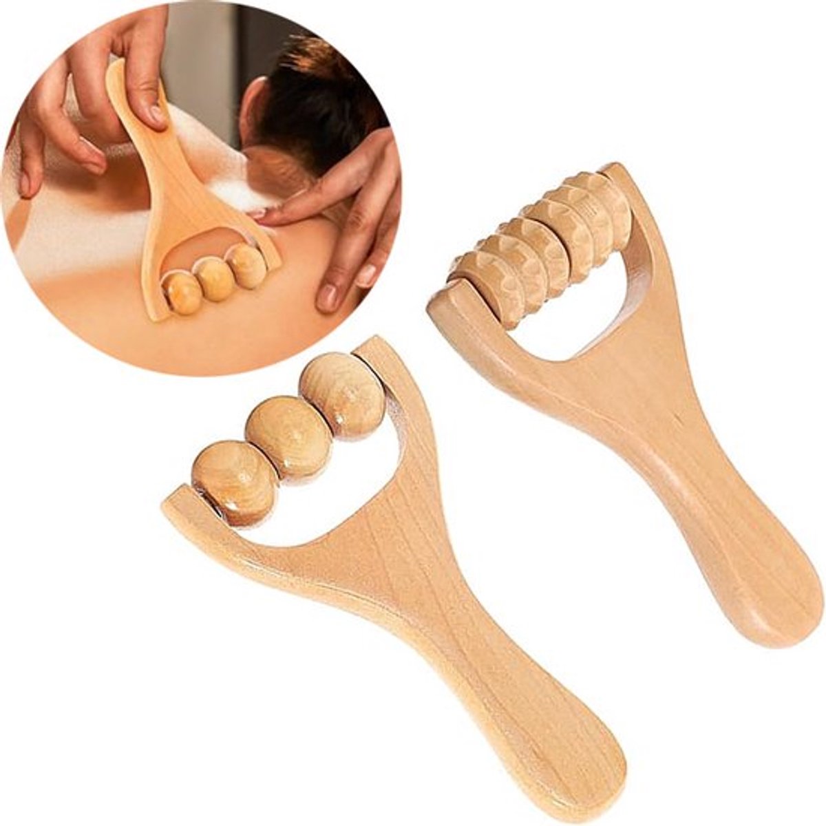 Houten Massage-Roller Gereedschap - Massageapparaten - Massage - Massageapparaat - Massage stok - Vermoeidheid verlichten - Houten kleur - 2 stuks - Bindweefselmassages - Voor Rug, Nek, Schouders, Buik, Taille, Armen en Benen