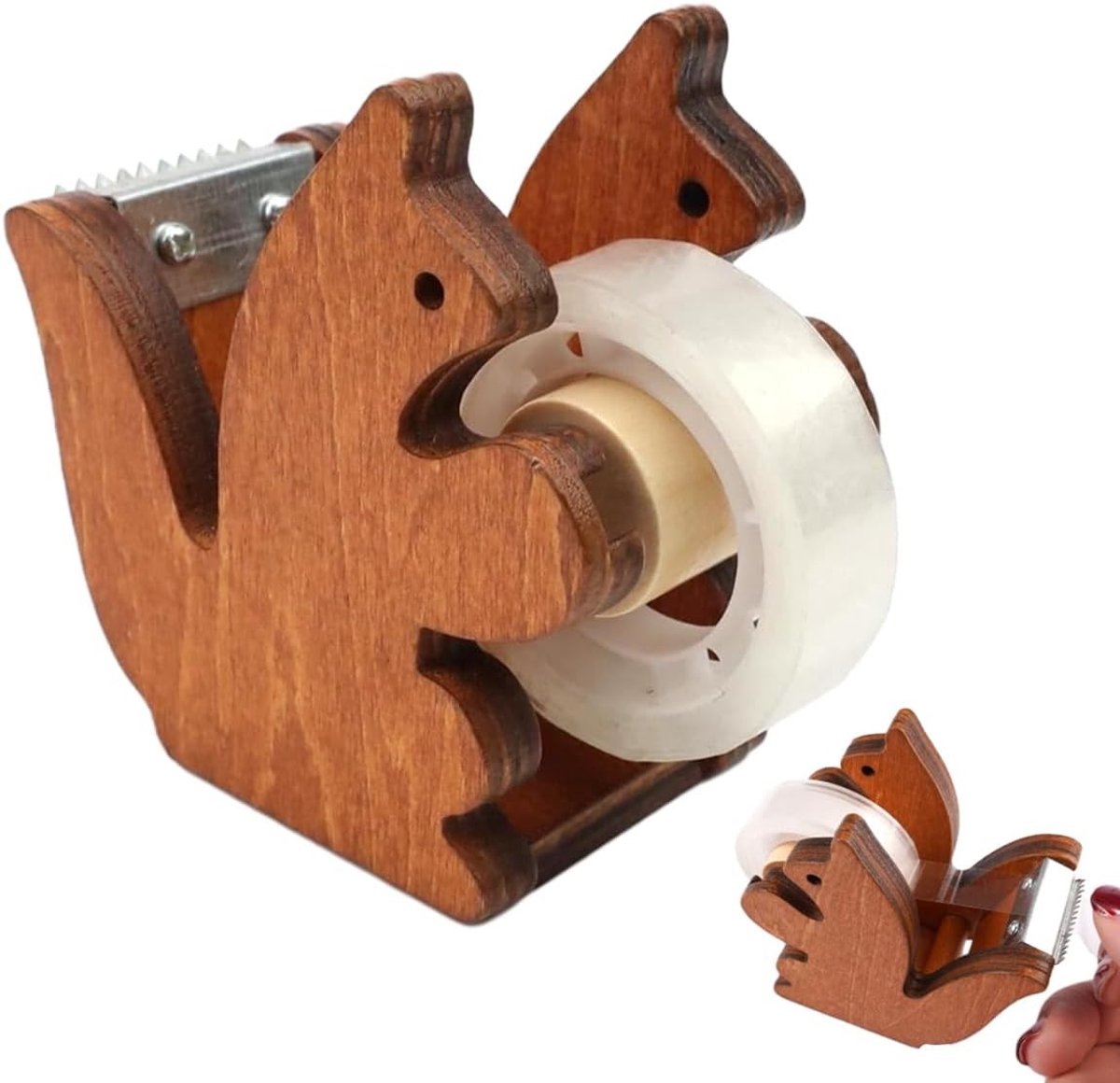 Creatieve Eekhoornvorm Plakbanddispenser van Hout 23mm | Perfect voor Kindercadeaus, Tafelaccessoires en Doe-het-zelf Projecten