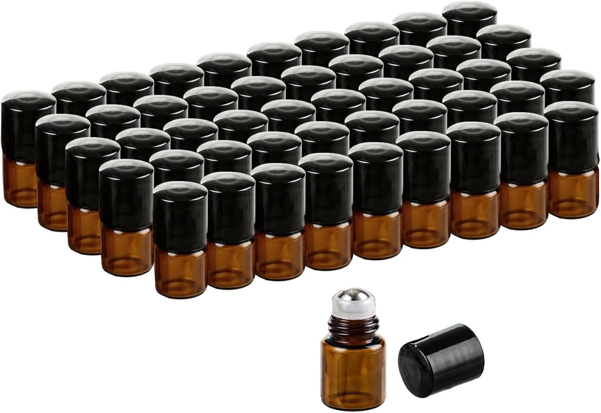 50 stuks roll-on flessen van glas, amber, 2 ml, lege fles van glas met roestvrijstalen kogel voor roll-on etherische - ShopVlot