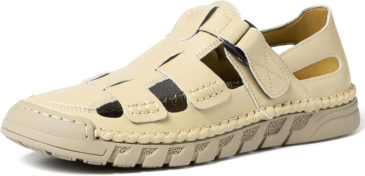Men's Casual Leather Sandals Summer Sports Closed Sandals Fishing Sandals Outdoor Beach Shoes Footbed Supportive Shoes - ShopVlot