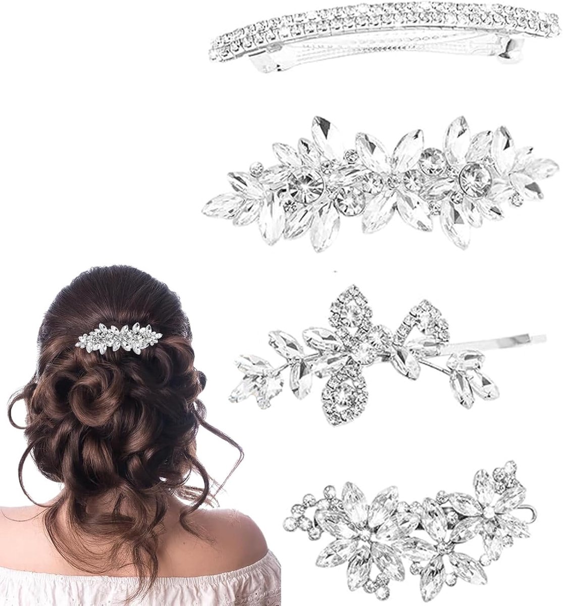 4 strass haarspelden voor dames, zilveren bruidshaaraccessoires voor vrouwen, zilveren bloemen haaraccessoires, Franse - ShopVlot