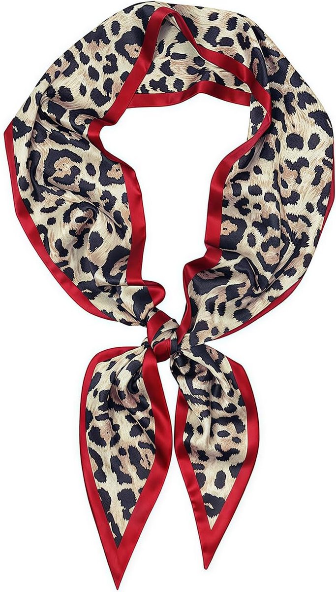 Bandana, dames halsdoek, zijden sjaal, dames hoofddoek, luipaardpatroon, smal ontwerp, rode rand, zacht, voor - ShopVlot
