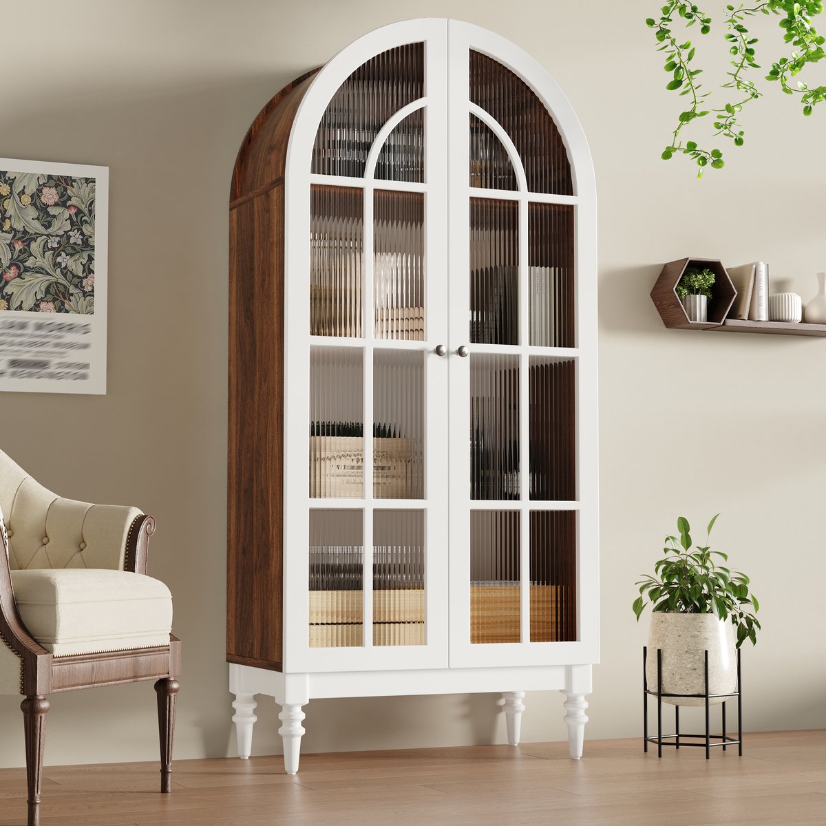 DESMIU Buffetkast - Boogvormige Vitrinekast Met Geribbeld Glas - 3 Legplanken Voor Woonkamer En Hal - MDF Metaal - 76x38,5x165 Cm - Wit Walnootlook