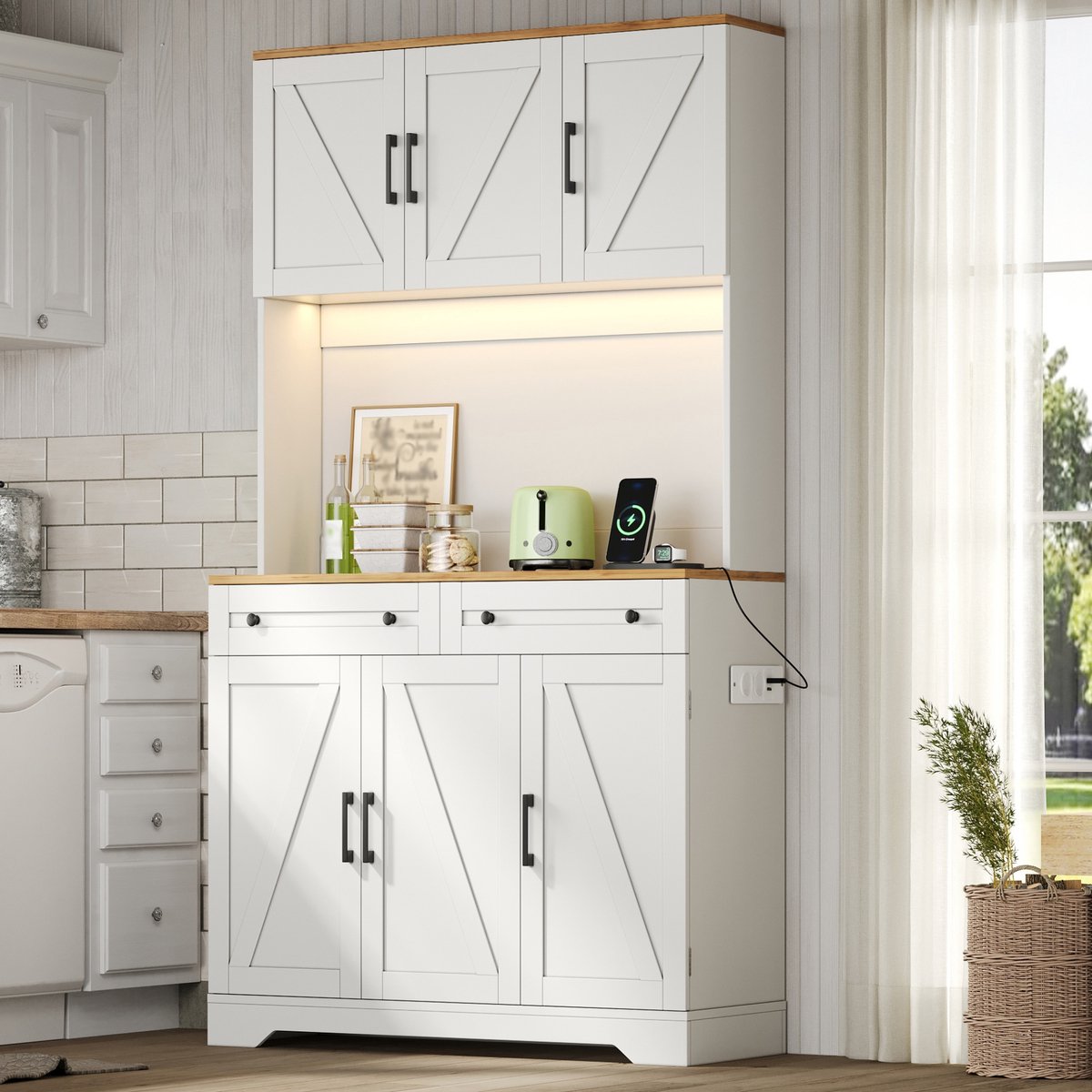 DESMIU Keukenkast - Hoge Opbergkast Met Ledverlichting En Stopcontact - Voor Keuken, Eetkamer En Woonkamer - MDF - 100x40x180 Cm - Natural White