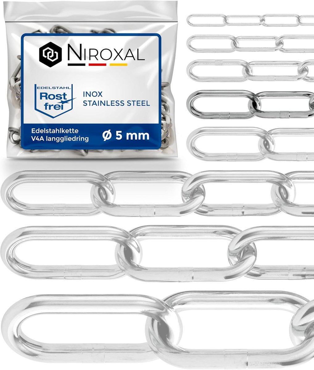 Staal ketting 2 m - V4A 5 mm dik - lange schakels - ideaal voor maritiem gebruik - ShopVlot