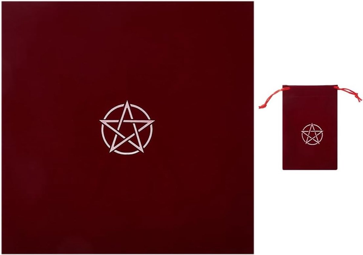 Tafeldeken tarotkaarten vierkant - fluweel met rood pentagram - sieraden opslag - beschermt kaarten en accessoires - ShopVlot