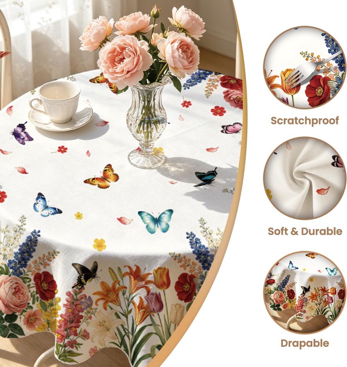 Tafelkleed bloemen en vlinders 152 cm - afwasbaar polyester - waterafstotend - perfect voor tuinfeest - ShopVlot