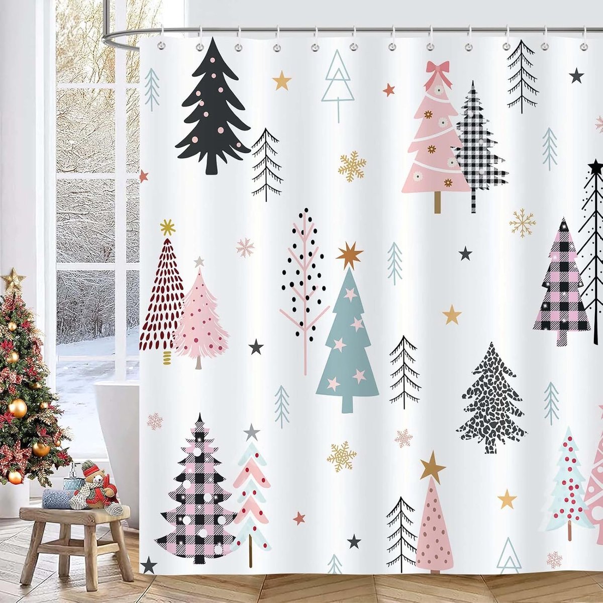 Douchegordijn kerstboom 180x180cm - roze zwarte kerstbomen - waterdicht - vrolijke sfeer - ShopVlot