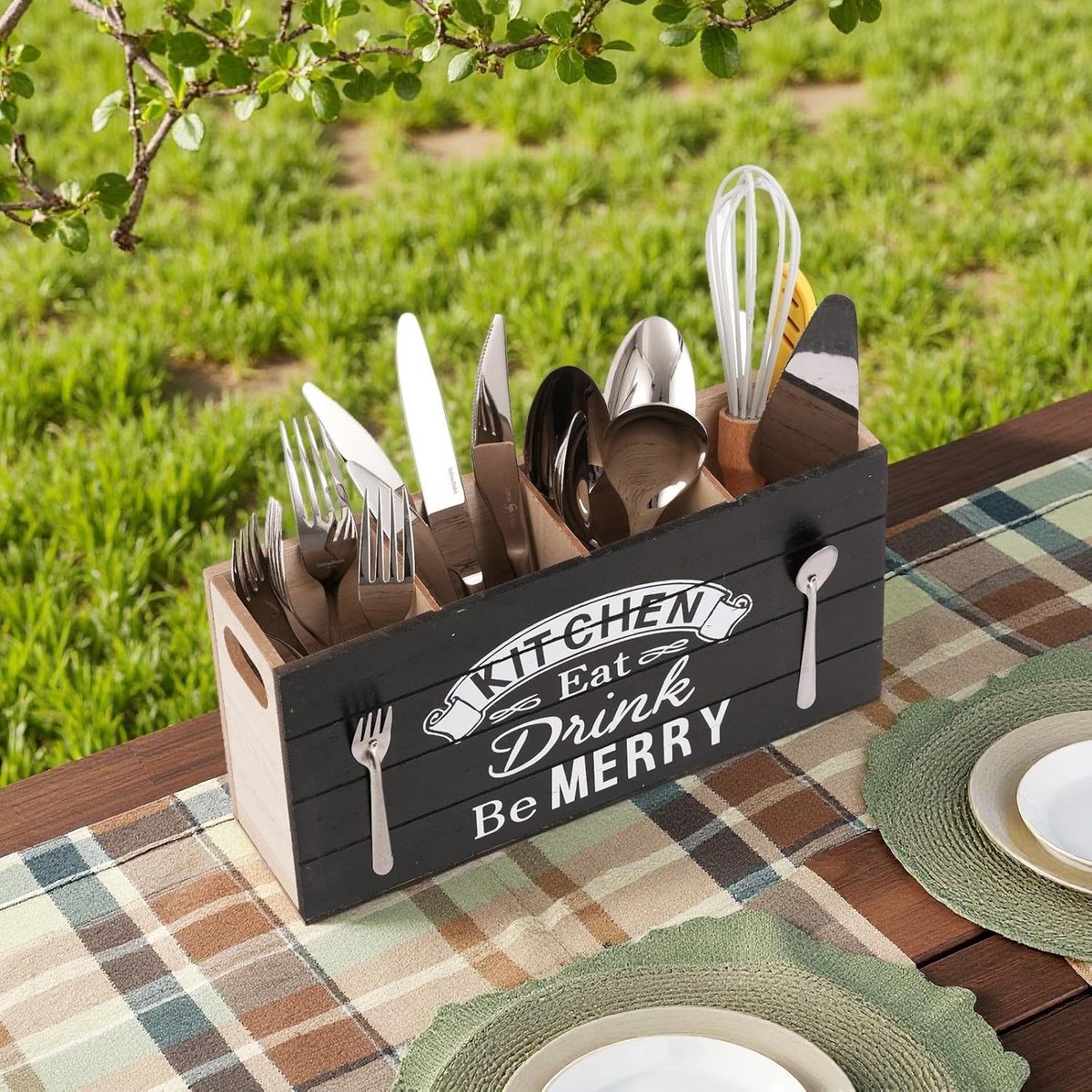 Bestekmand - Zwart - - Houten Bestekstandaard met Vintage Design - Voor Keuken en Eettafel
