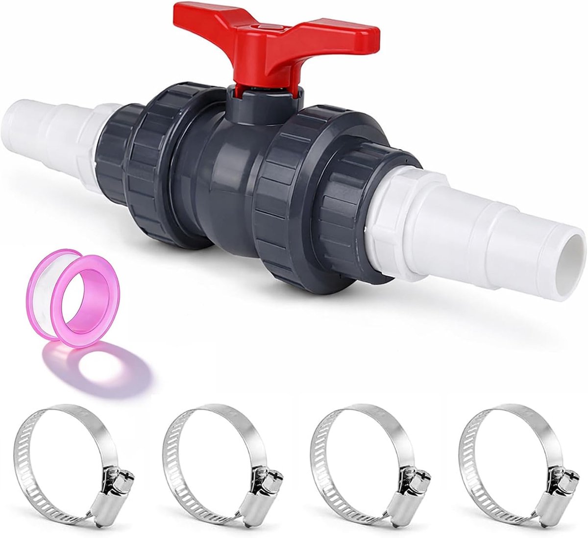 PVC kogelafsluiter set 1 1/2" (50mm) - Met 2 slangaansluitingen - Voor zwembad, vijver en irrigatie - ShopVlot