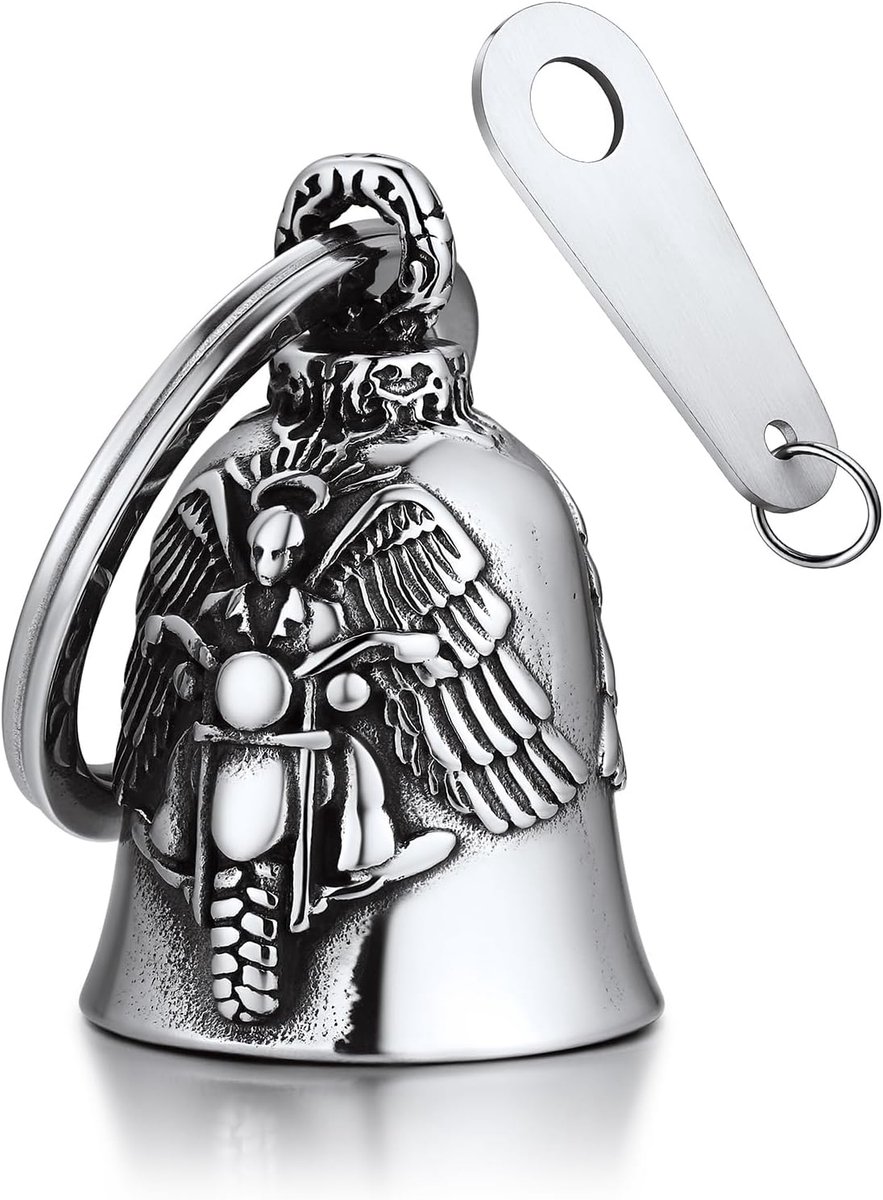 Bandmax Motorcycle bell lucky charm stainless steel winged motorcycle bell with angel motif, Guardian Bell, silver. - ShopVlot
