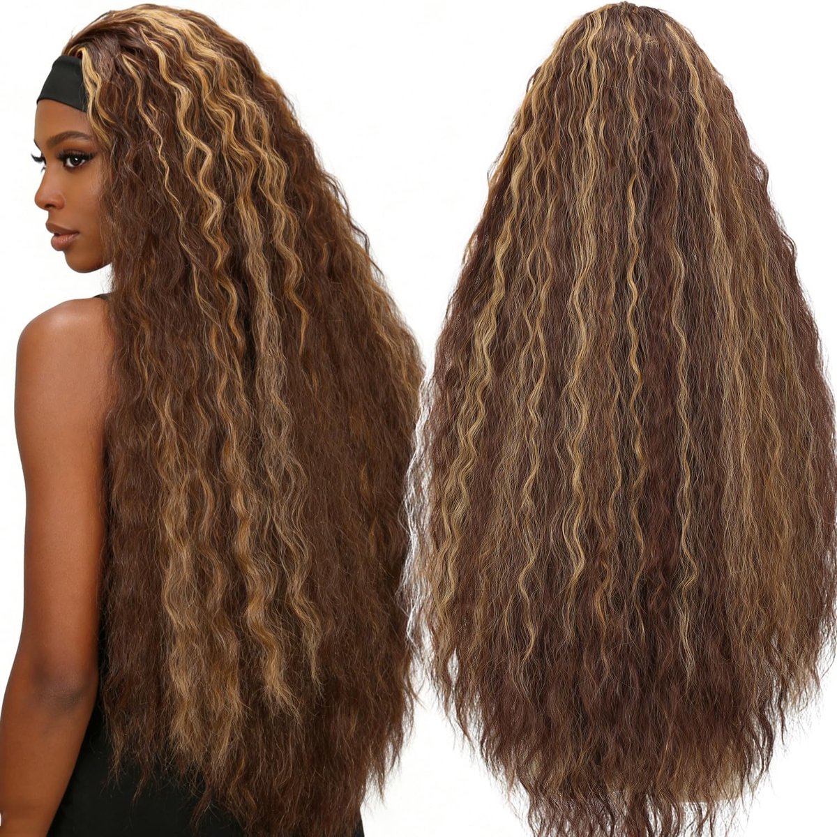 WIGNEE 96 cm Long Headband Wig for Black Women Curly Hair Glue-Free Heat Resistant Synthetic Hair Natural Look (4/30) - ShopVlot