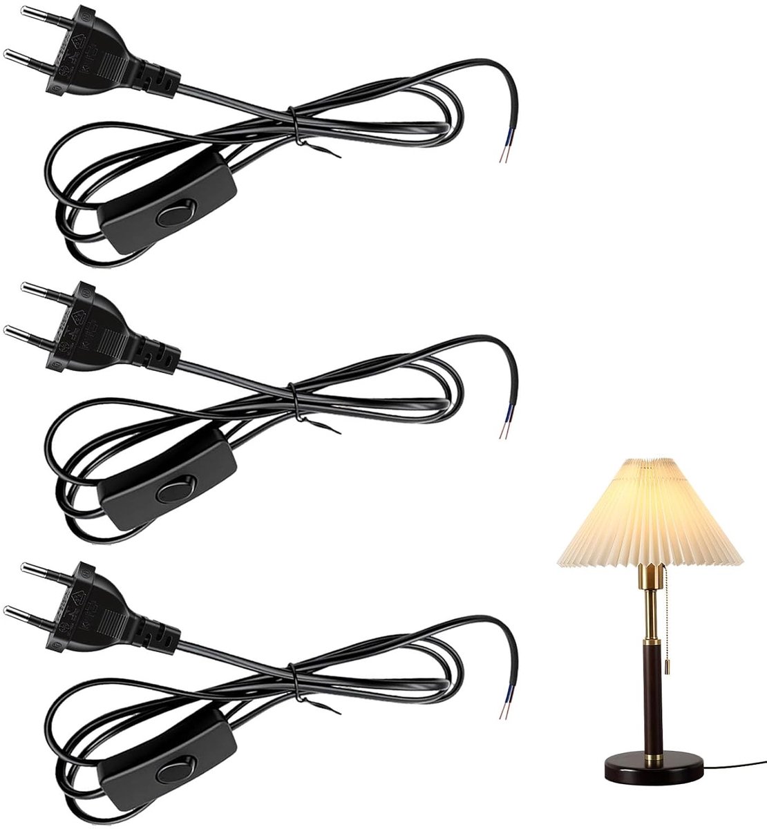 3 stuks kabels met stekker en schakelaar, aansluitkabel voor lampen, tafellampen en staande lampen, robuuste - ShopVlot