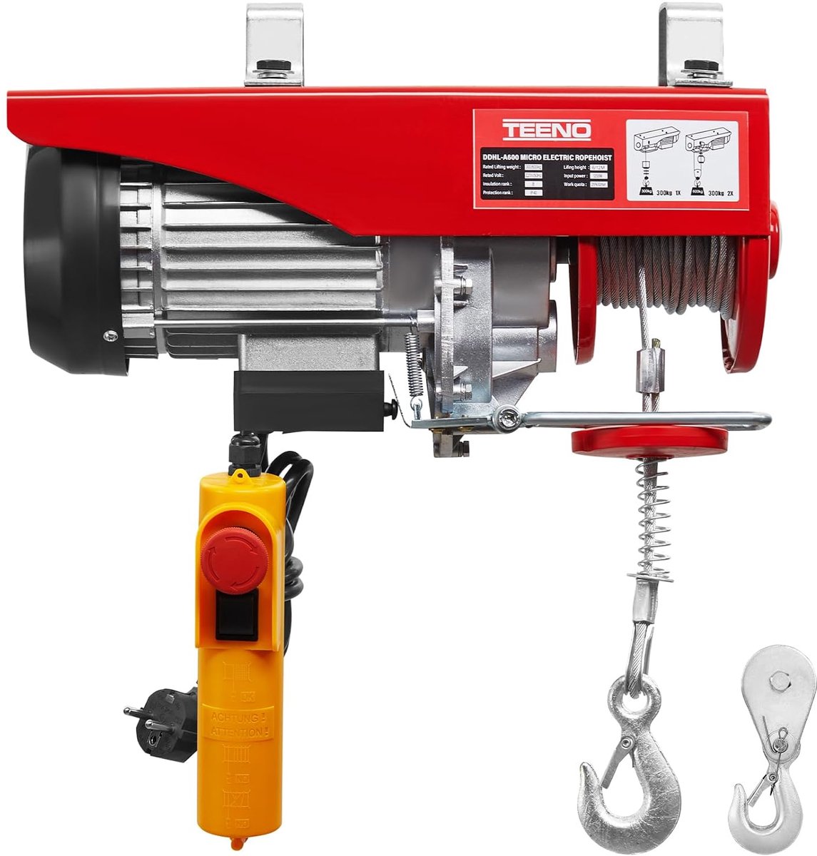 TEENO Electric hoist 1200 W, overload lift electric winch 220 V, single and double suspension 300 kg/600 kg, 6 m/min - ShopVlot