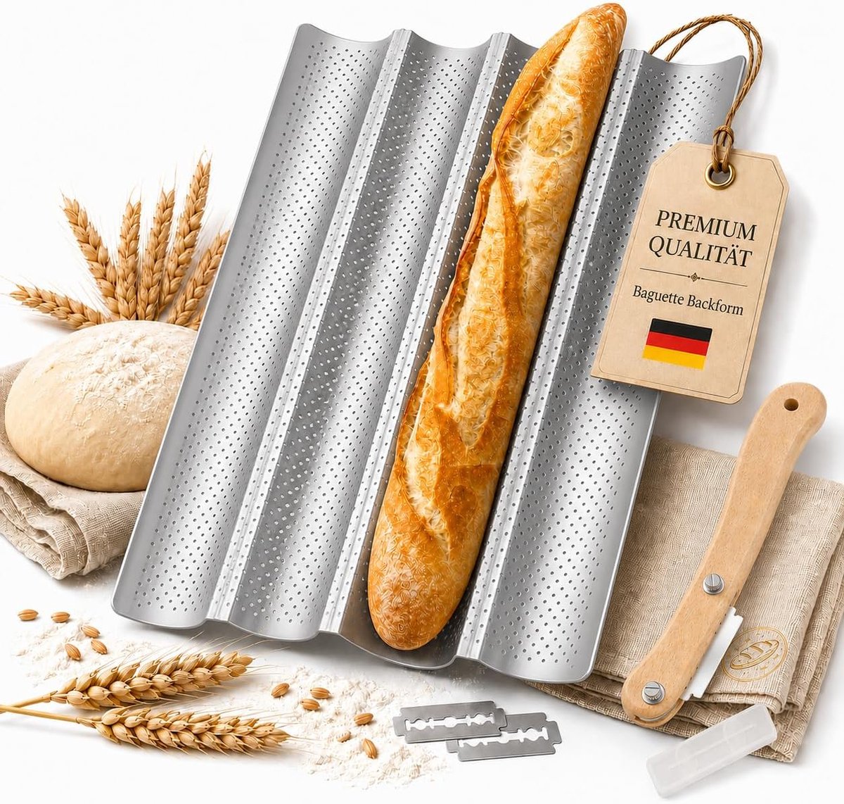 Baguette bakvorm anti-aanbaklaag met katoen - canvas bakdoek & deegmes, 4 uitsparingen baguette bakplaat van - ShopVlot