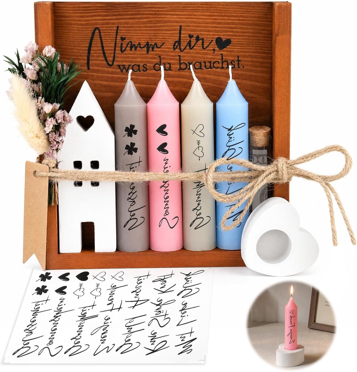 Kaarsenset met kandelaar, kaarsenset geschenken voor vrouwen met spreuk decoratieve houten doos gedroogde bloemen - ShopVlot