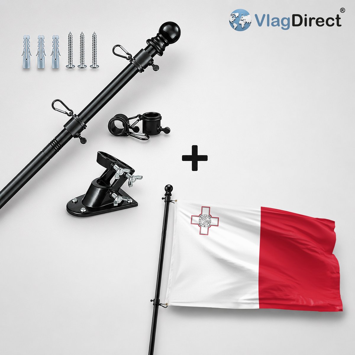 VlagDirect - Compleet vlaggenpakket - Zwarte vlaggenstok inclusief vlaggenstokhouder + Maltese vlag - Malta vlag - 90 x 150 cm.