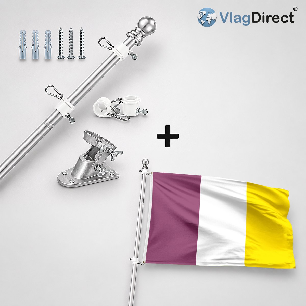 VlagDirect - Compleet vlaggenpakket - Zilveren vlaggenstok inclusief vlaggenstokhouder + Gemeente Aat vlag - 90 x 150 cm.