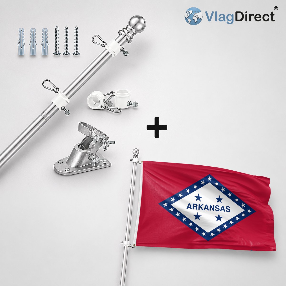 VlagDirect - Compleet vlaggenpakket - Zilveren vlaggenstok inclusief vlaggenstokhouder + Arkansas vlag - 90 x 150 cm.