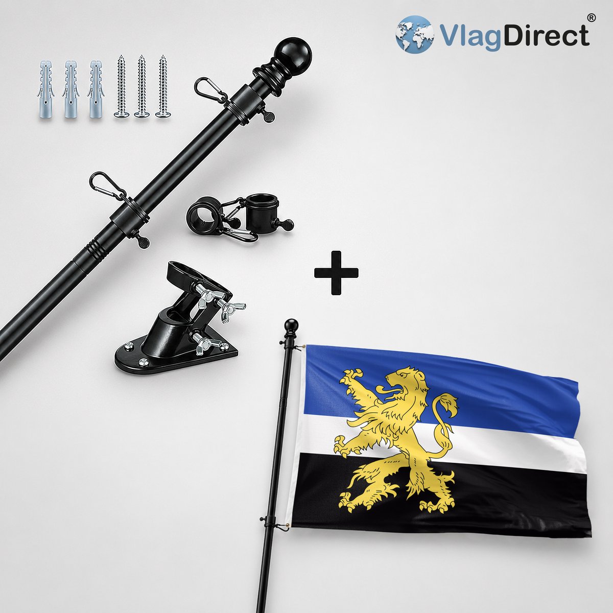 VlagDirect - Compleet vlaggenpakket - Zwarte vlaggenstok inclusief vlaggenstokhouder + Hilvarenbeek vlag - Gemeente Hilvarenbeek vlag - 90 x 150 cm.