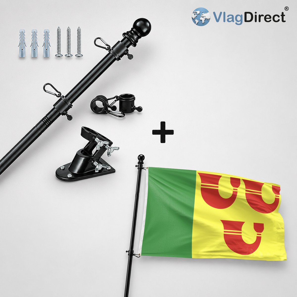 VlagDirect - Compleet vlaggenpakket - Zwarte vlaggenstok inclusief vlaggenstokhouder + Heeze-Leende vlag - Gemeente Heeze-Leende vlag - 90 x 150 cm.