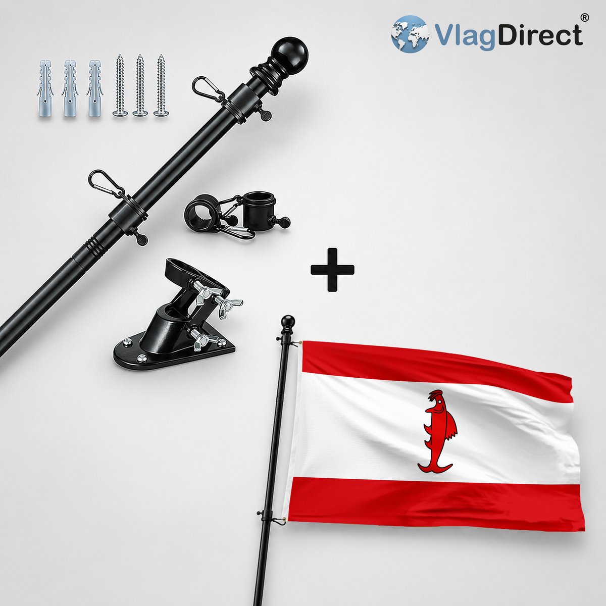 VlagDirect - Compleet vlaggenpakket - Zwarte vlaggenstok inclusief vlaggenstokhouder + Gemeente Marchin vlag - 90 x 150 cm.