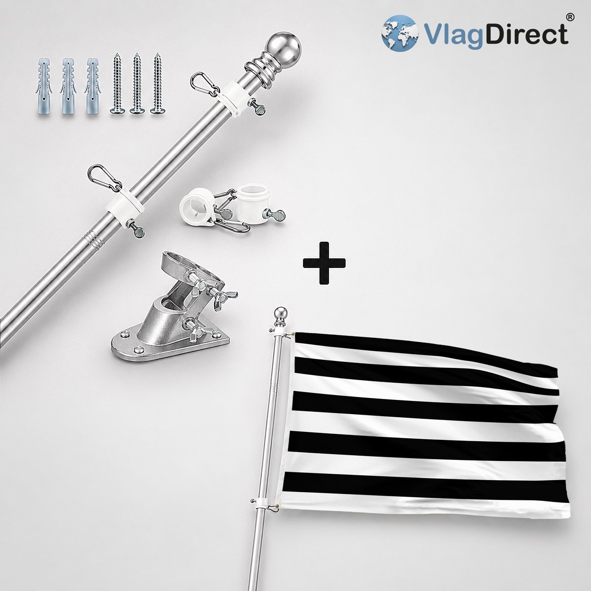 VlagDirect - Compleet vlaggenpakket - Zilveren vlaggenstok inclusief vlaggenstokhouder + Gemeente Weismes vlag - 90 x 150 cm.