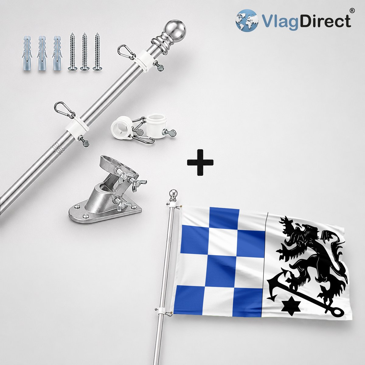 VlagDirect - Compleet vlaggenpakket - Zilveren vlaggenstok inclusief vlaggenstokhouder + Middelkerkse vlag - Gemeente Middelkerke vlag - 90 x 150 cm.