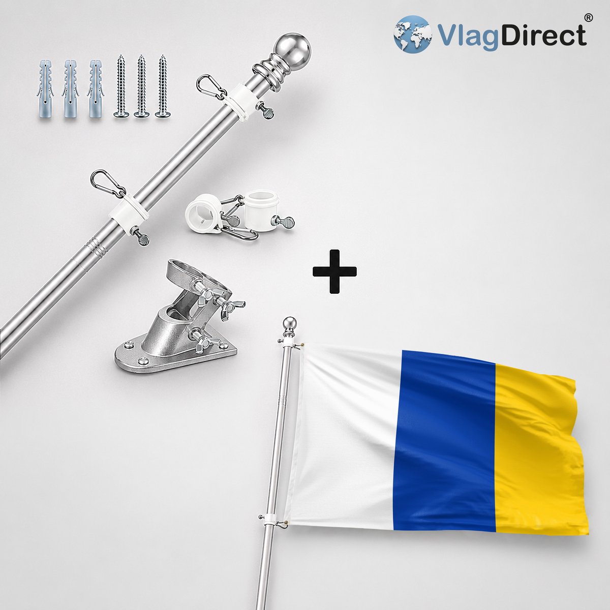 VlagDirect - Compleet vlaggenpakket - Zilveren vlaggenstok inclusief vlaggenstokhouder + Doetinchem vlag - Gemeente Doetinchem vlag - 90 x 150 cm.