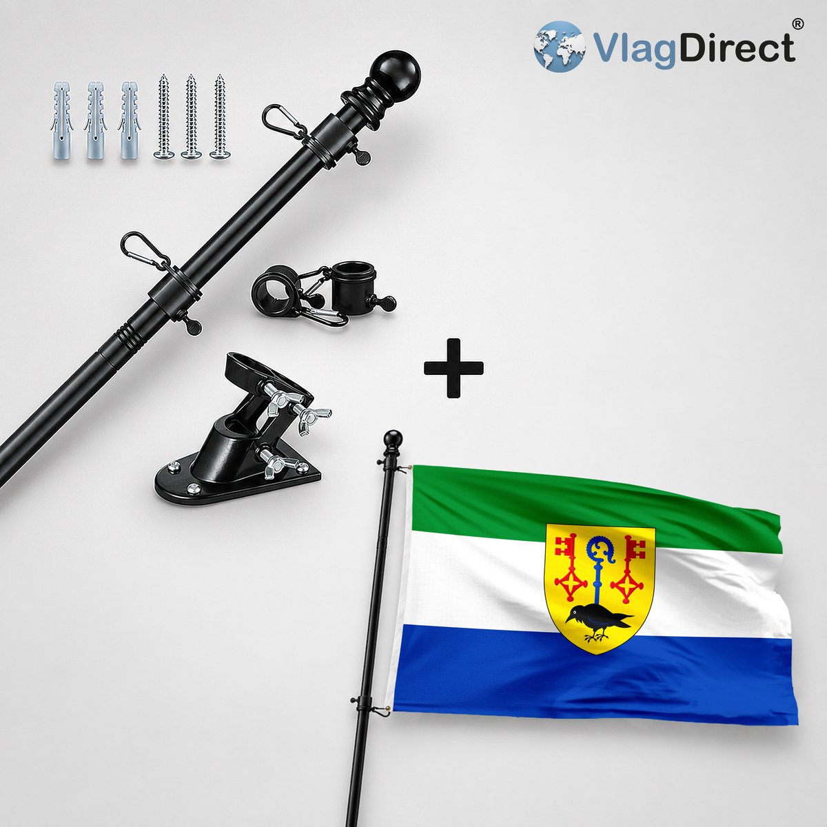 VlagDirect - Compleet vlaggenpakket - Zwarte vlaggenstok inclusief vlaggenstokhouder + Houthulstse vlag - Gemeente Houthulst vlag - 90 x 150 cm.