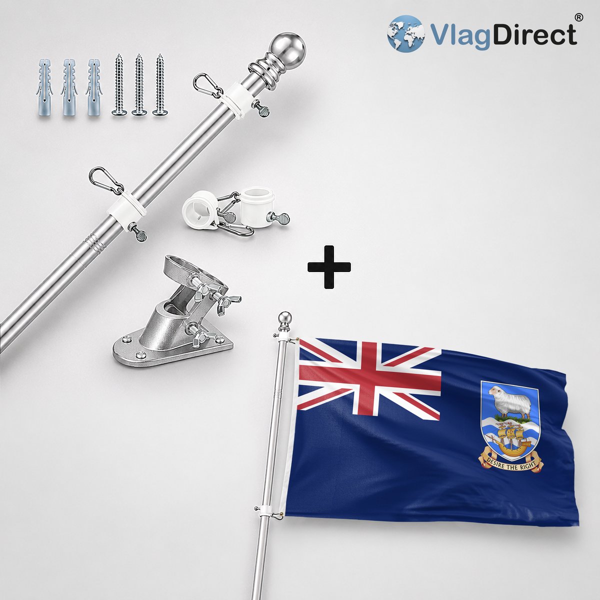 VlagDirect - Compleet vlaggenpakket - Zilveren vlaggenstok inclusief vlaggenstokhouder + Falklande vlag - Falklandeilanden vlag - 90 x 150 cm.