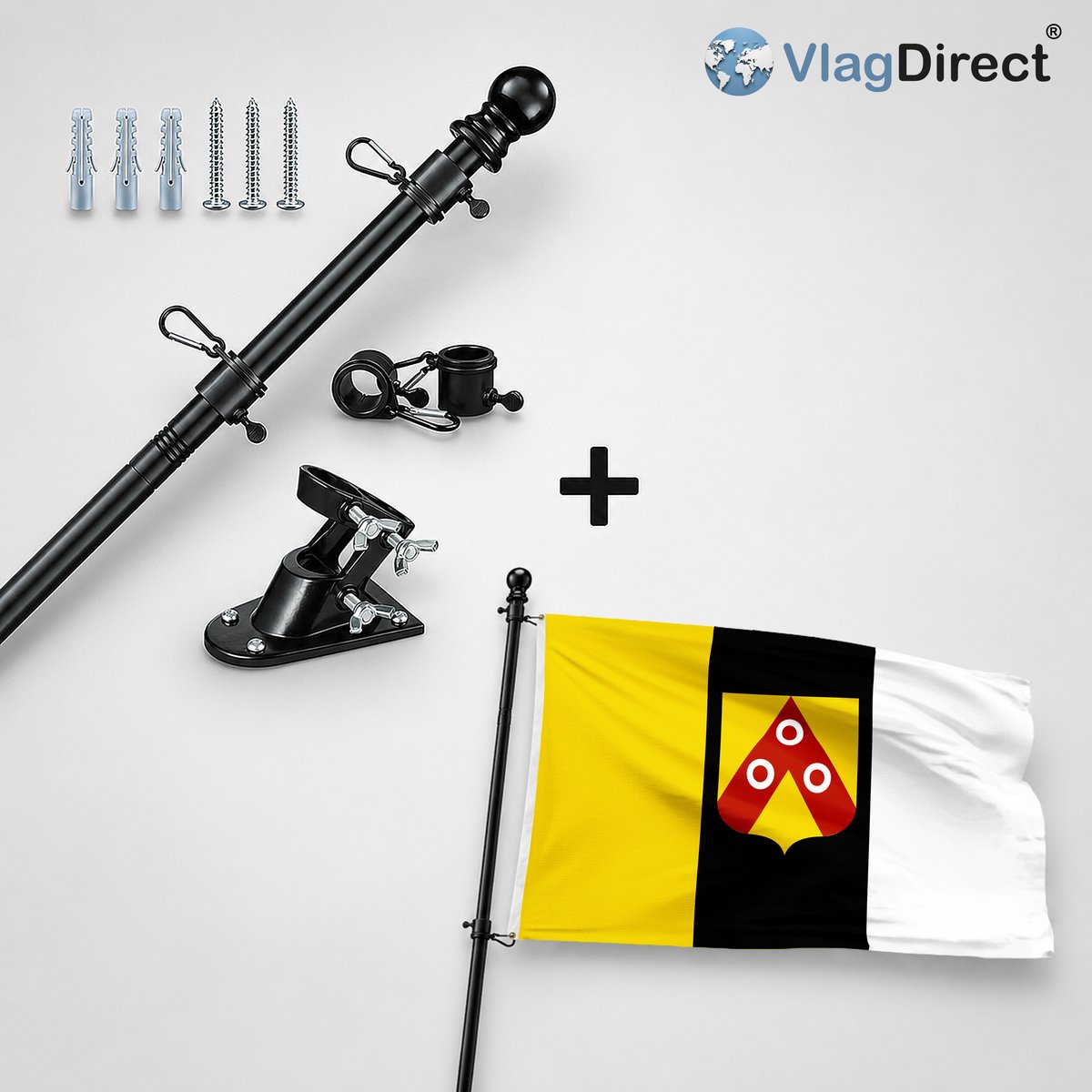 VlagDirect - Compleet vlaggenpakket - Zwarte vlaggenstok inclusief vlaggenstokhouder + Anzegemse vlag - Gemeente Anzegem vlag - 90 x 150 cm.