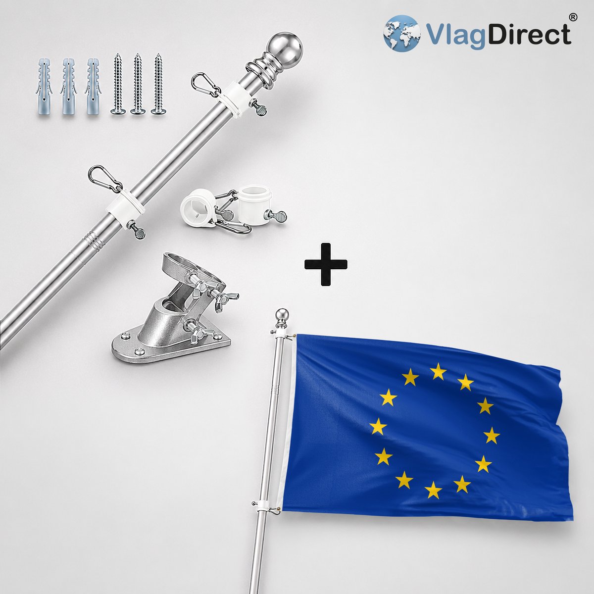 VlagDirect - Compleet vlaggenpakket - Zilveren vlaggenstok inclusief vlaggenstokhouder + EU vlag - Europa vlag - Europese Unie vlag - 150 x 225 cm - XL vlag.