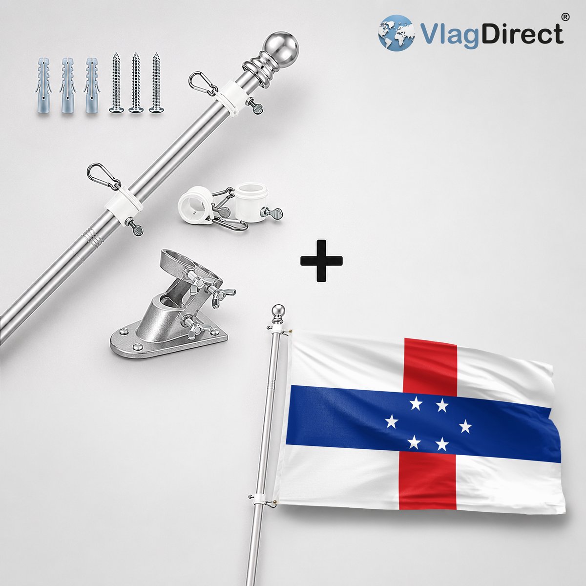 VlagDirect - Compleet vlaggenpakket - Zilveren vlaggenstok inclusief vlaggenstokhouder + Antilliaanse vlag - Nederlandse Antillen vlag - 90 x 150 cm.