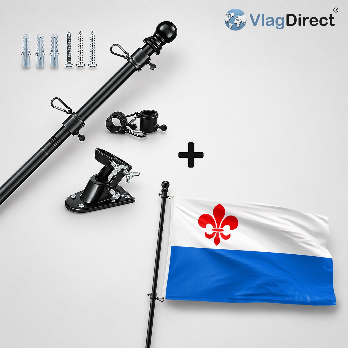 VlagDirect - Compleet vlaggenpakket - Zwarte vlaggenstok inclusief vlaggenstokhouder + Roermond vlag - Gemeente Roermond vlag - 90 x 150 cm.