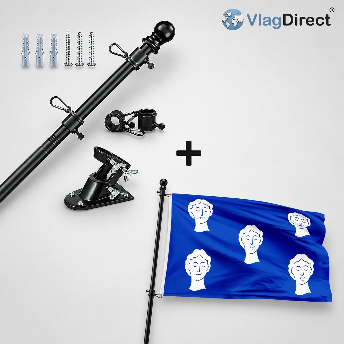 VlagDirect - Compleet vlaggenpakket - Zwarte vlaggenstok inclusief vlaggenstokhouder + Gemeente Ciney vlag - 90 x 150 cm.