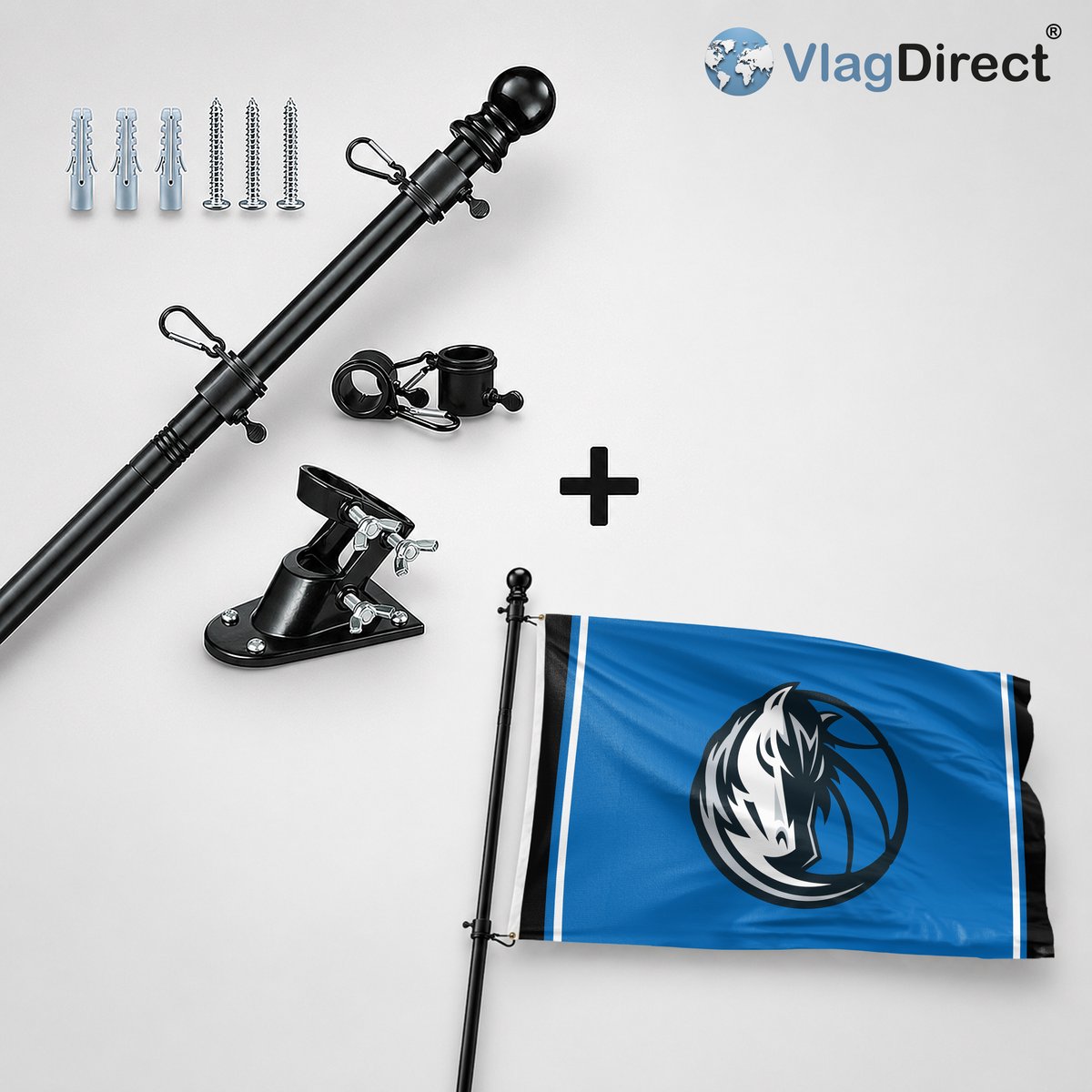 VlagDirect - Compleet vlaggenpakket - Zwarte vlaggenstok inclusief vlaggenstokhouder + Dallas Mavericks vlag - Dallas Mavericks basketbalteam vlag - 90 x 150 cm.