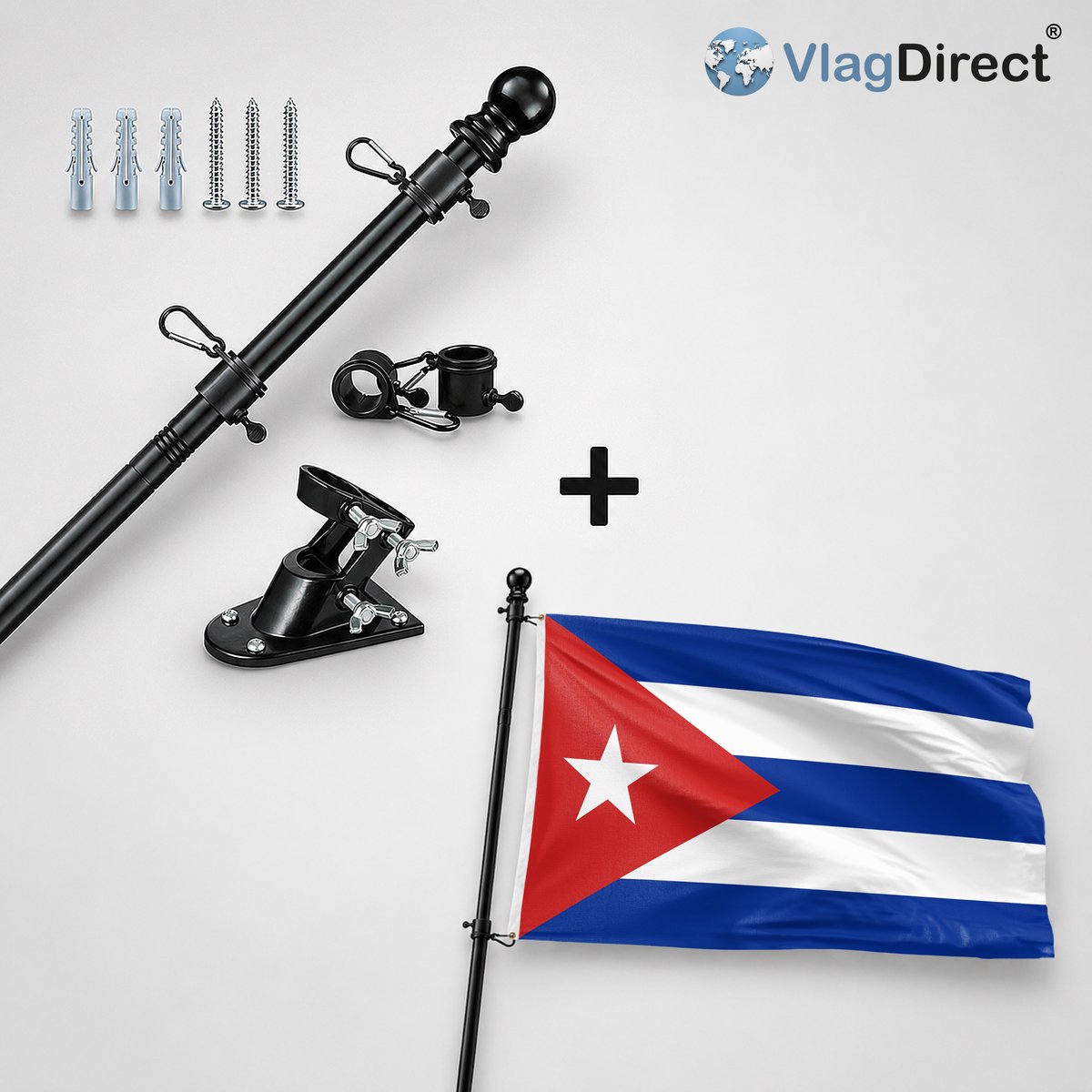 VlagDirect - Compleet vlaggenpakket - Zwarte vlaggenstok inclusief vlaggenstokhouder + Cubaanse vlag - Cuba vlag - 90 x 150 cm.