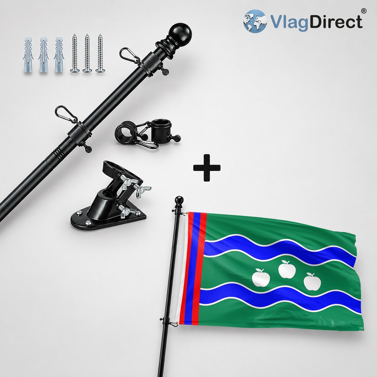 VlagDirect - Compleet vlaggenpakket - Zwarte vlaggenstok inclusief vlaggenstokhouder + Betuwse vlag - Regio Betuwe vlag - 90 x 150 cm.