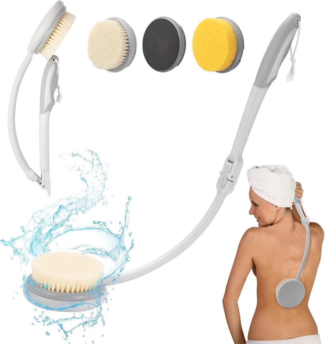 Back Brush with Long Handle, Cream Aid, Foldable Bath Brushes, Natural Bristle, with 4 Interchangeable Pads - ShopVlot