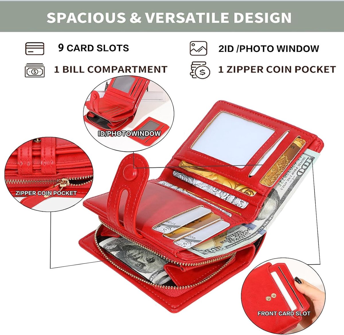 CHAOFANXI Women's Wallet Soft Leather Small Purse Women's Small Purse with 9 Card Slots and Coin Compartment with Zip - ShopVlot