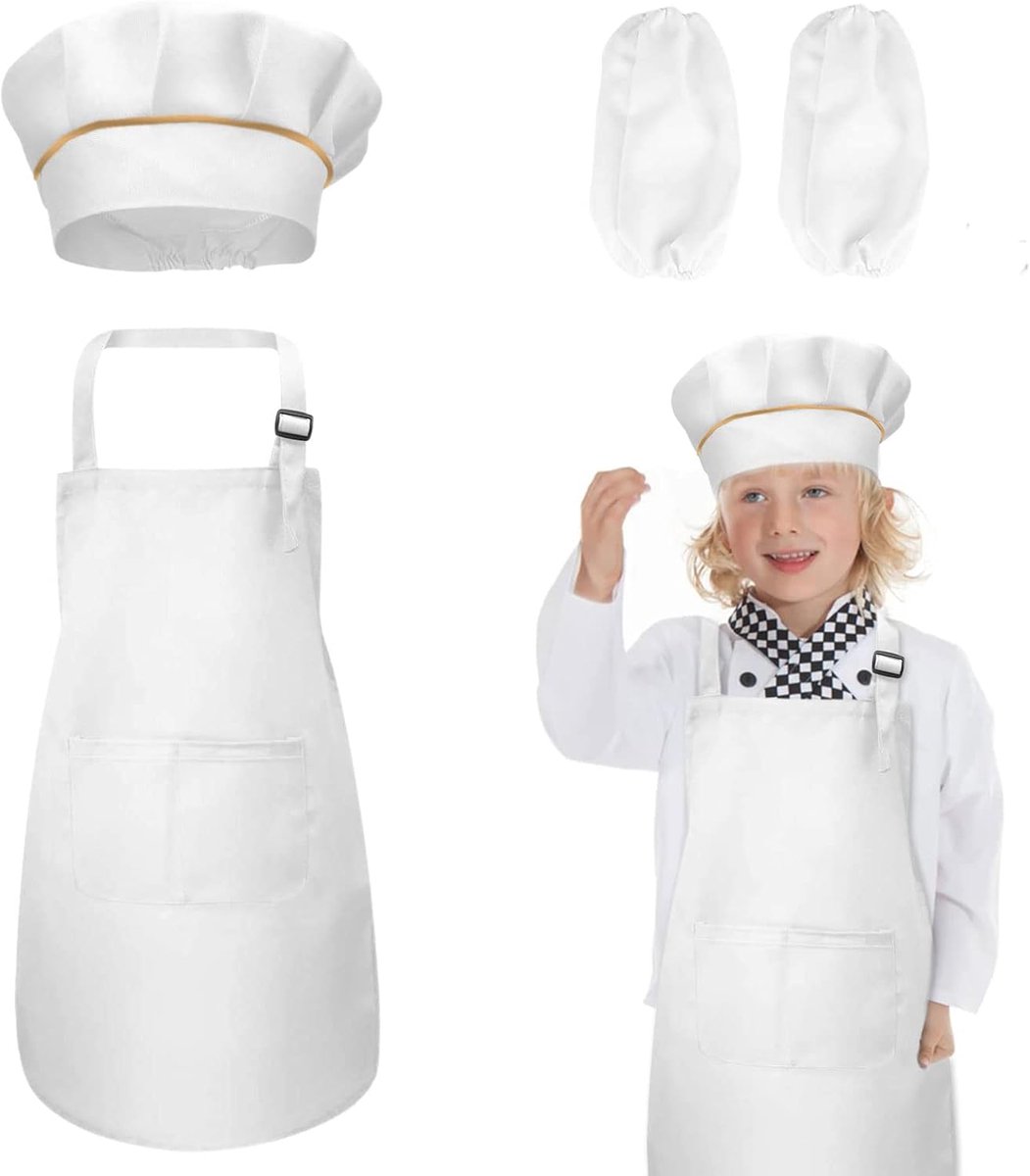 Kinderschort set 5-12 jaar - verstelbaar - met chefshat en mouwen - ideaal voor koken en knutselen - ShopVlot