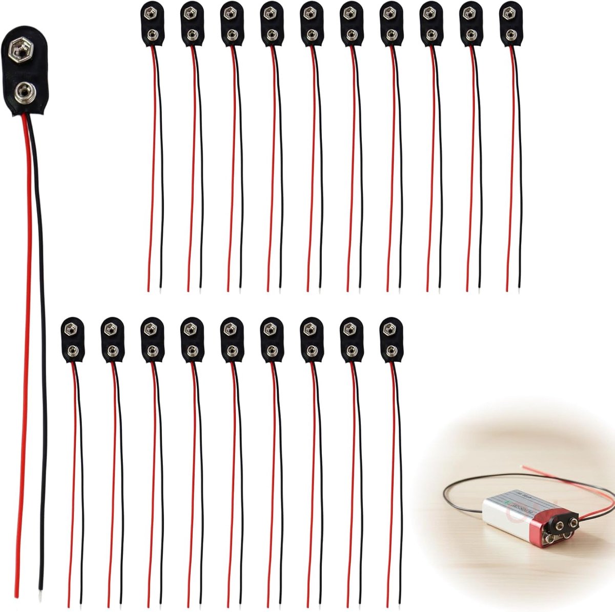9V batterijclip set van 20 stuks - 150mm kabels - kleurgecodeerd - ideaal voor elektronica projecten - ShopVlot