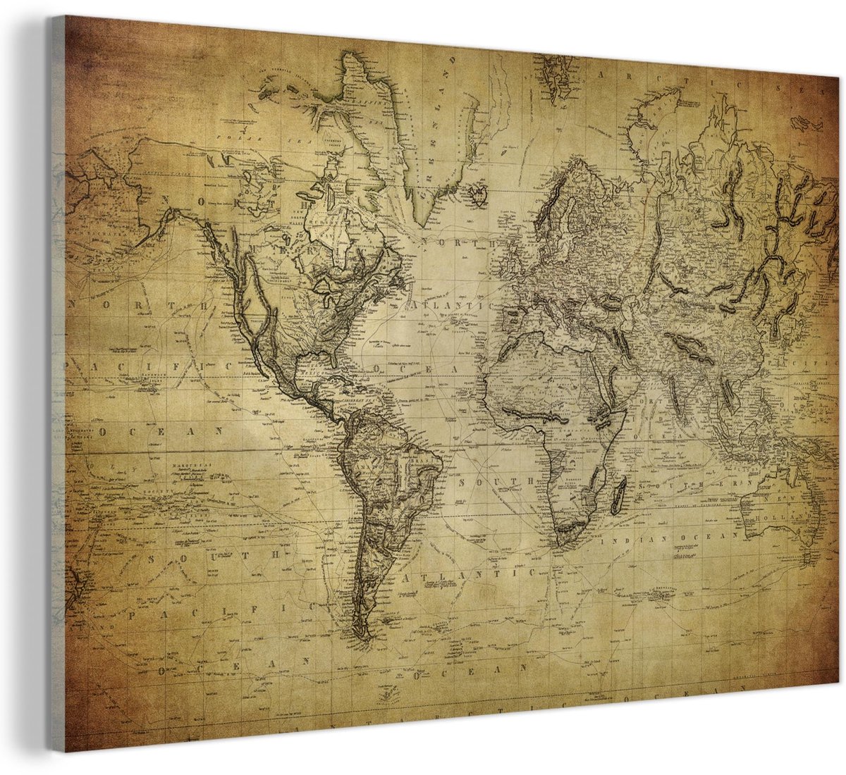 Solidchoice - Vintage Wereldkaart op Glas 60x40cm - Wanddecoratie voor Woonkamer en Slaapkamer