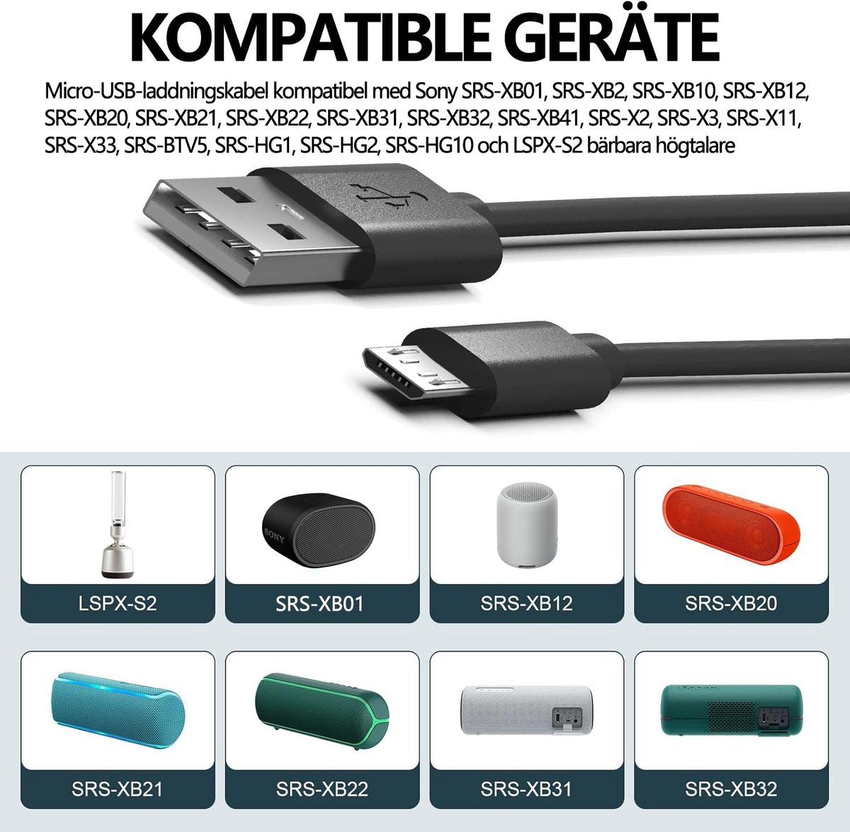 Bluetooth Speaker Micro USB Charging Cable Compatible with Sony SRS-XB01, XB10, XB12, XB20, XB21, XB22, XB31, XB32 - ShopVlot