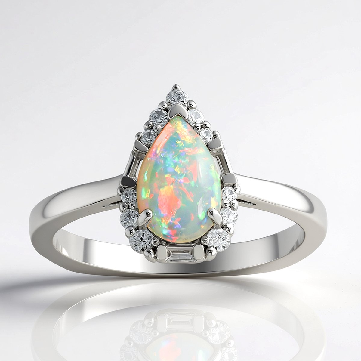 Cavill - Zilveren ring 925 Sterling met 0,41ct Australische peervormige opaal - Platina laag - Cambodjaanse zirkonia - Elegante dames ring